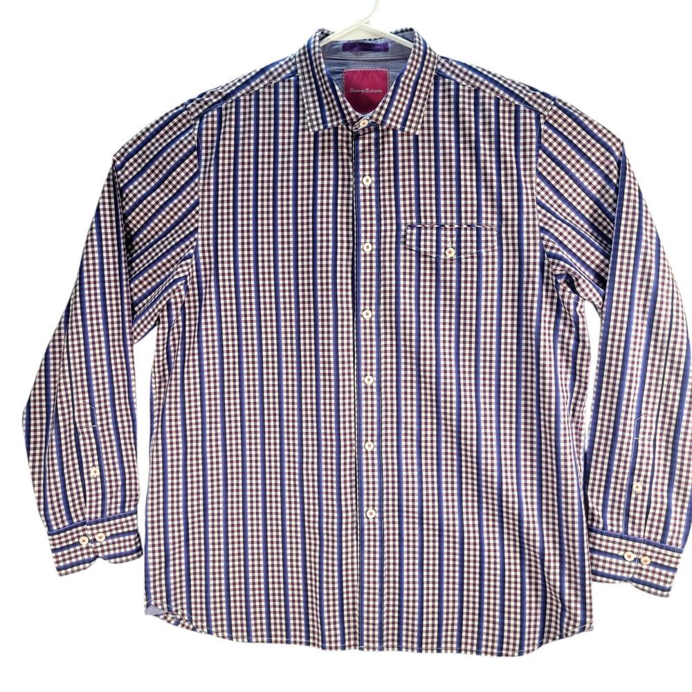 Tommy Bahama Men Button Down Shirt Large Pima Cotton Plaid Check Long Sleeve